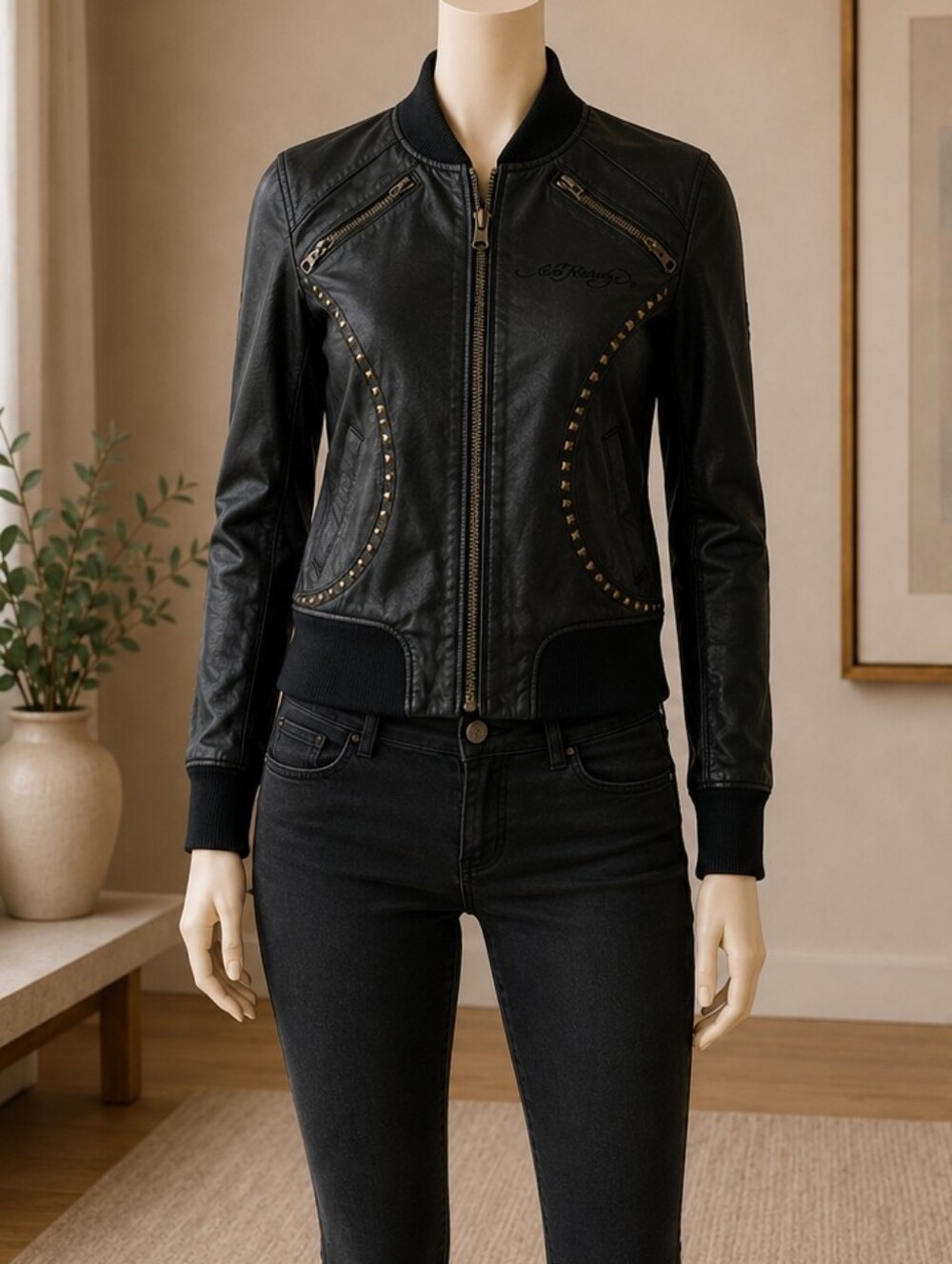 Ed Hardy Women's Black Studded Leather Jacket Skull Rose Embroidery Y2K Sz M